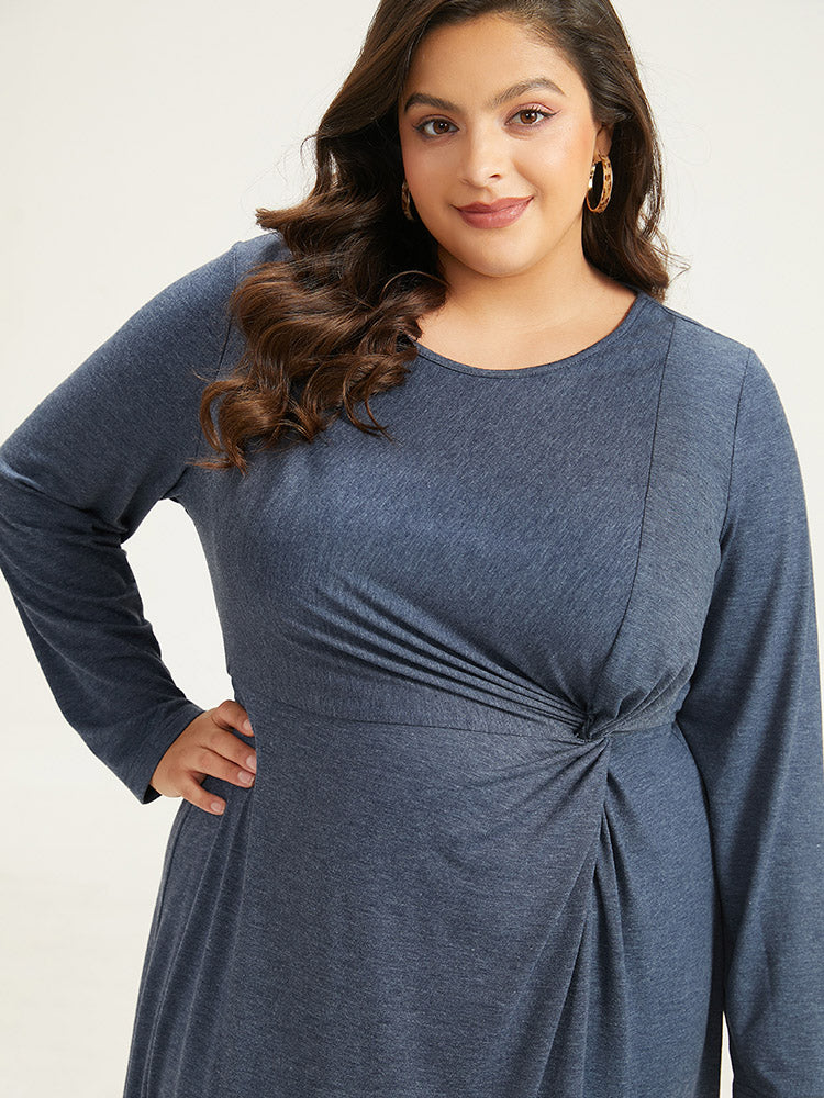 Plain Crew Neck Twist Front Split Hem Dress - Image 6