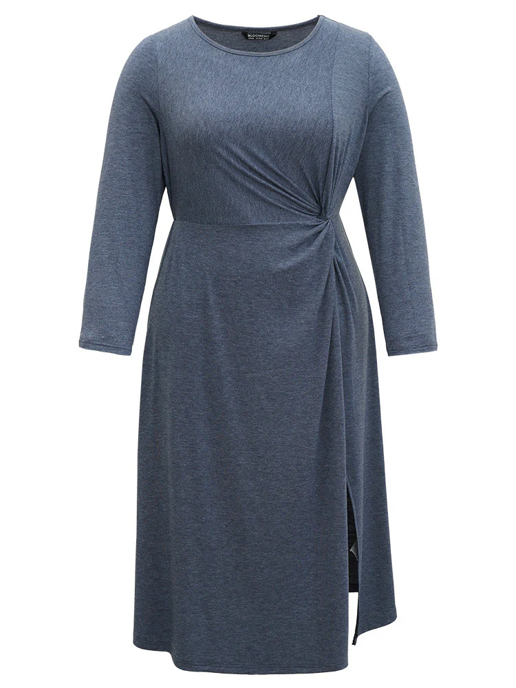 Plain Crew Neck Twist Front Split Hem Dress - Image 9