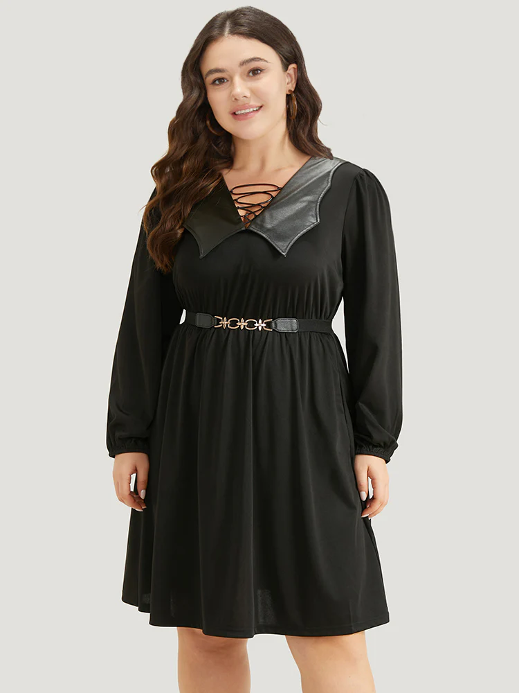 Halloween Plain PU Crisscross Patchwork Pocket Dress