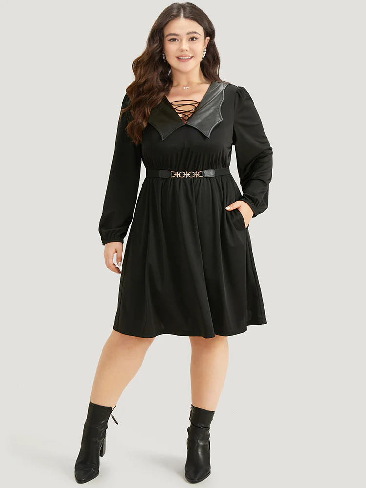 Halloween Plain PU Crisscross Patchwork Pocket Dress - Image 2