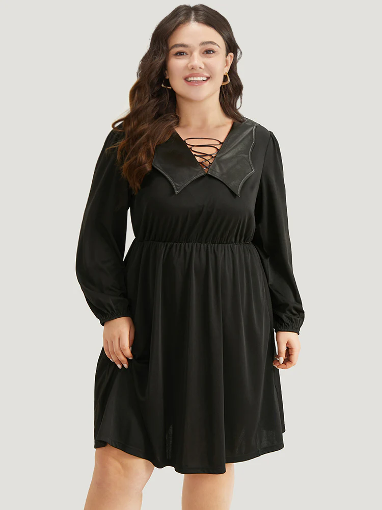 Halloween Plain PU Crisscross Patchwork Pocket Dress - Image 3