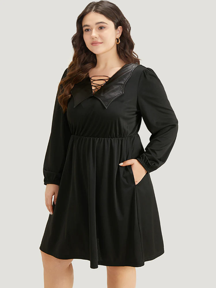 Halloween Plain PU Crisscross Patchwork Pocket Dress - Image 4