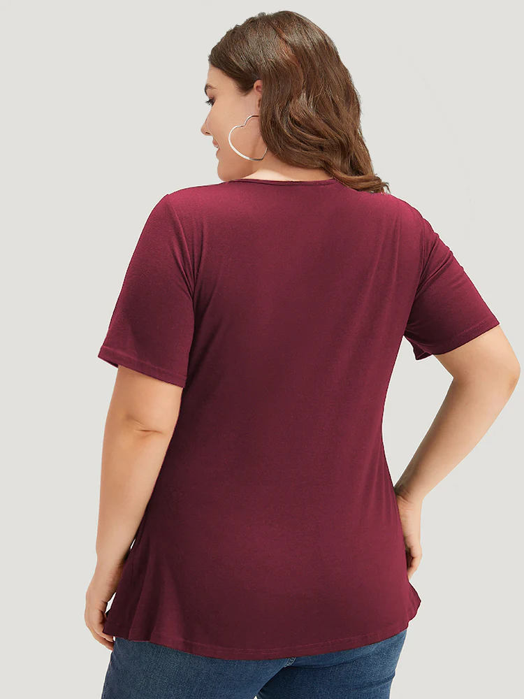Plain Crisscross Ruched Button Detail Flutter Hem T-shirt - Image 2