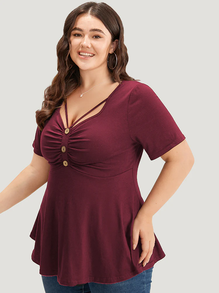 Plain Crisscross Ruched Button Detail Flutter Hem T-shirt - Image 3