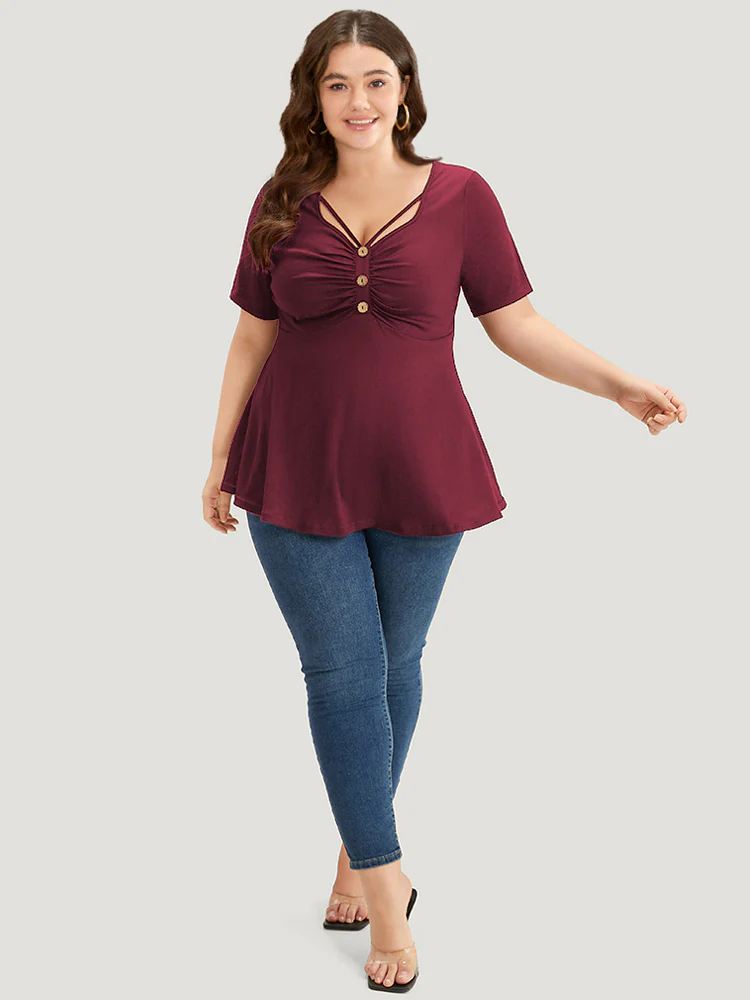 Plain Crisscross Ruched Button Detail Flutter Hem T-shirt - Image 4