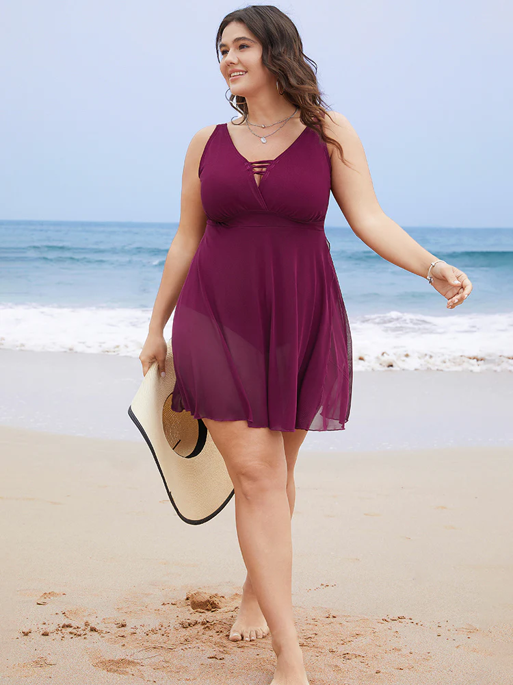 Plain Crisscross Wrap Mesh Ruffle Split Swim Dress - Image 6