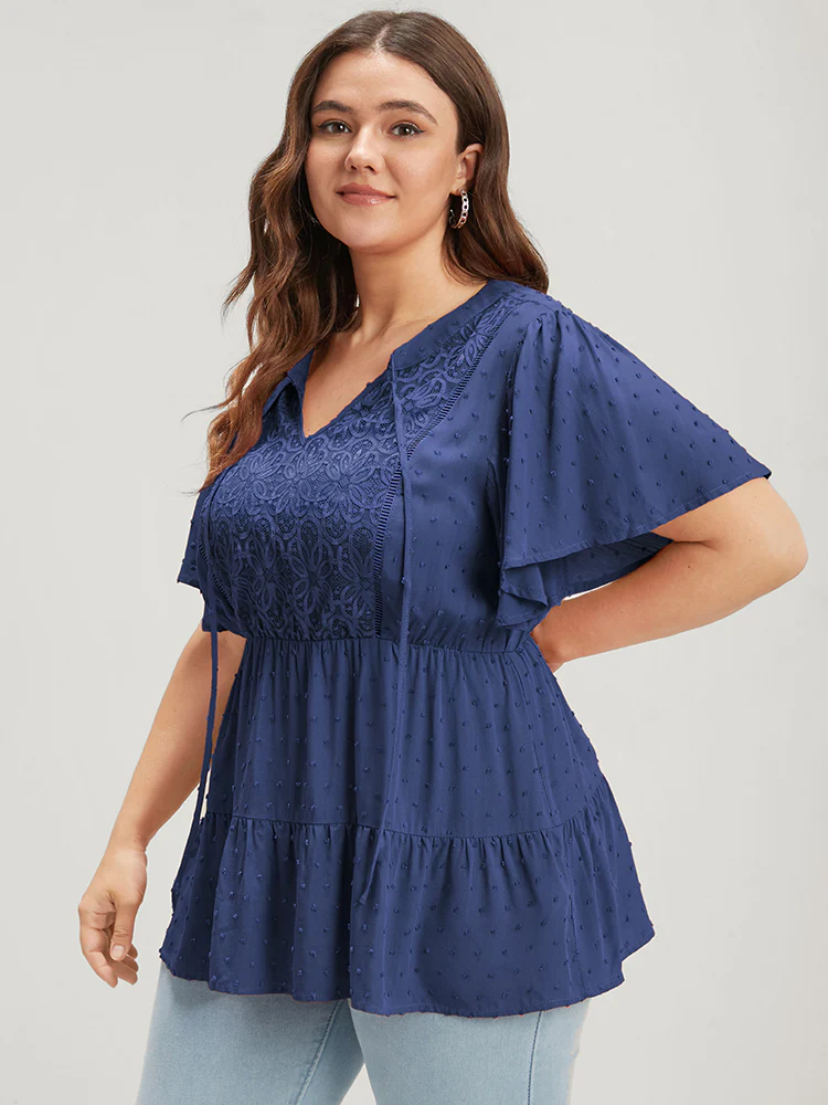 Plain Crochet Lace Embroidered Ruffles Ties Neck Blouse - Image 2
