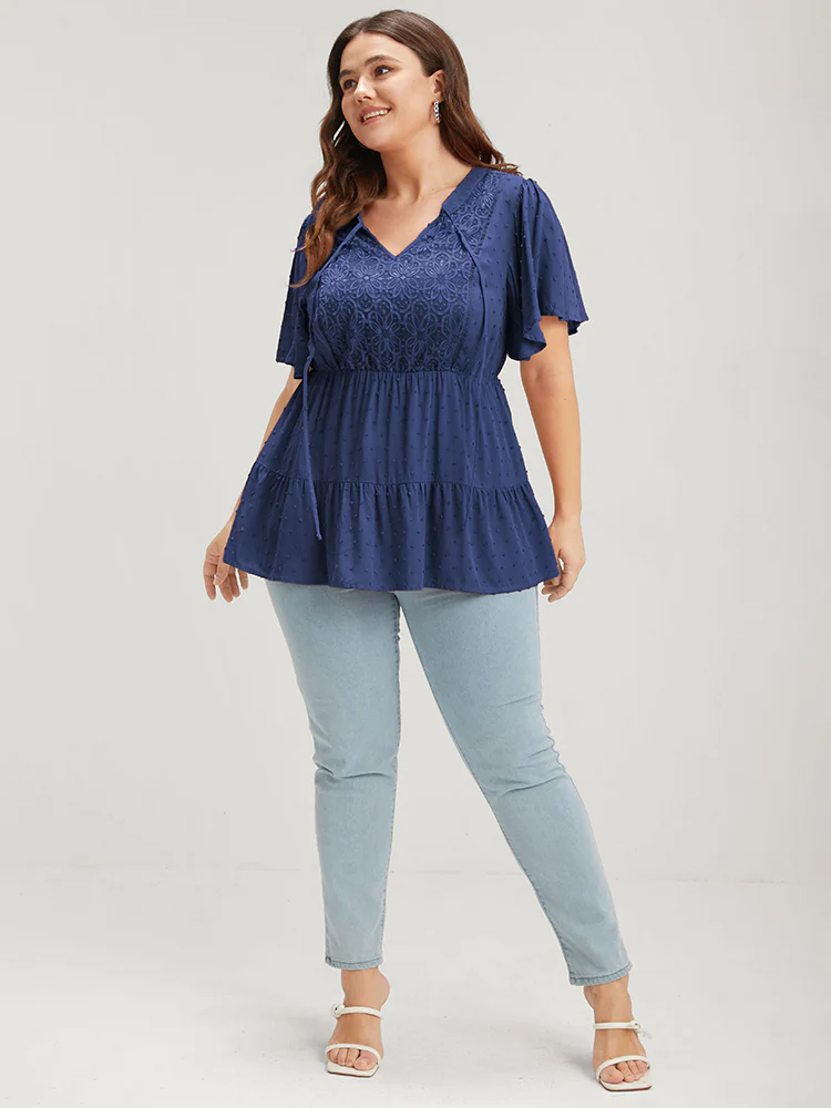 Plain Crochet Lace Embroidered Ruffles Ties Neck Blouse - Image 3