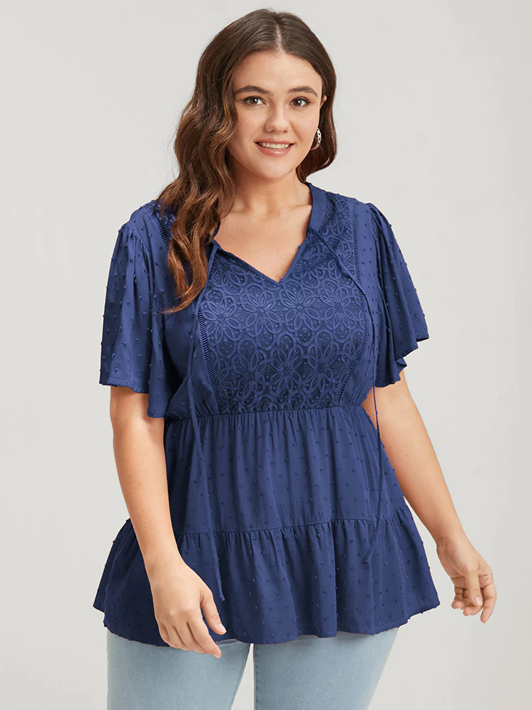 Plain Crochet Lace Embroidered Ruffles Ties Neck Blouse - Image 4