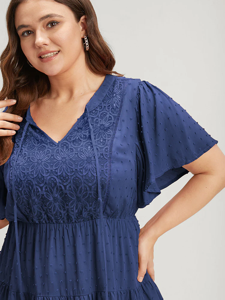 Plain Crochet Lace Embroidered Ruffles Ties Neck Blouse - Image 5