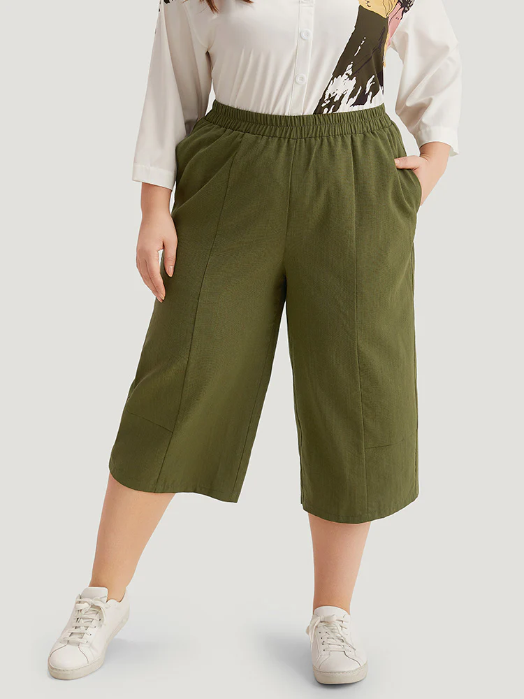Plain Cropped Pocket Elastic Waist Woven Pants