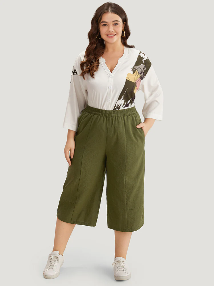 Plain Cropped Pocket Elastic Waist Woven Pants - Image 3