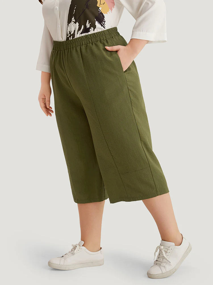 Plain Cropped Pocket Elastic Waist Woven Pants - Image 4