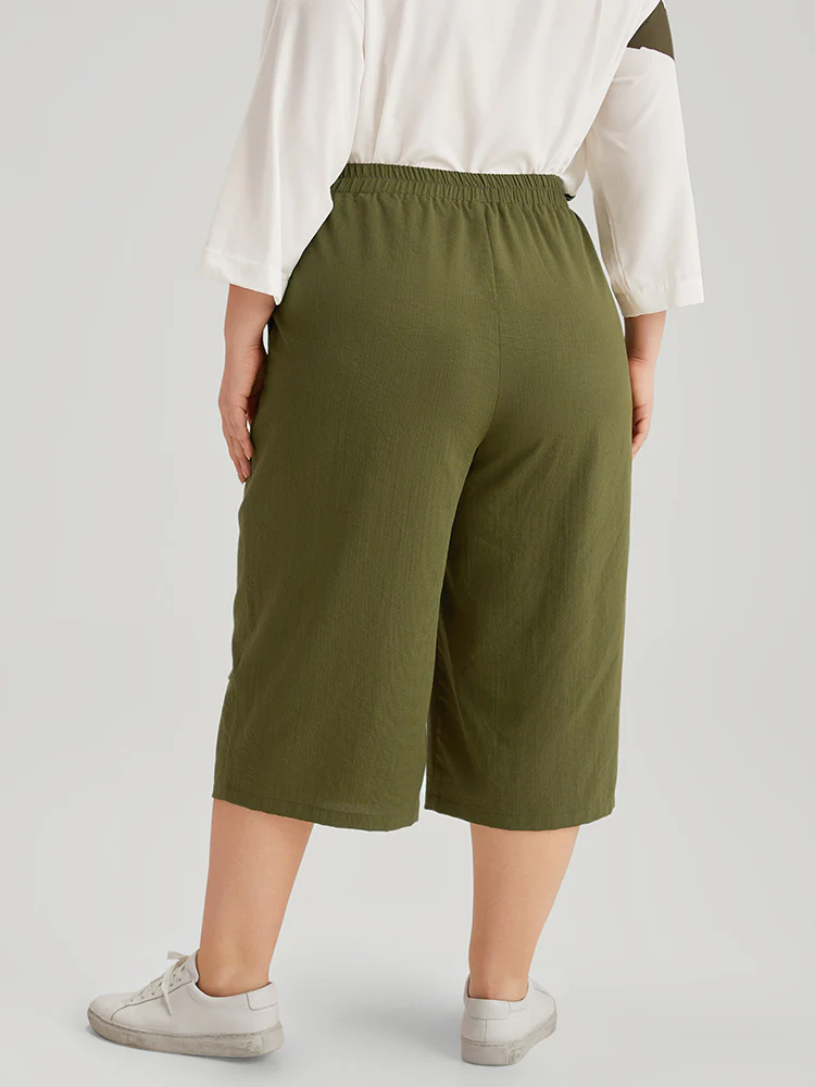 Plain Cropped Pocket Elastic Waist Woven Pants - Image 5