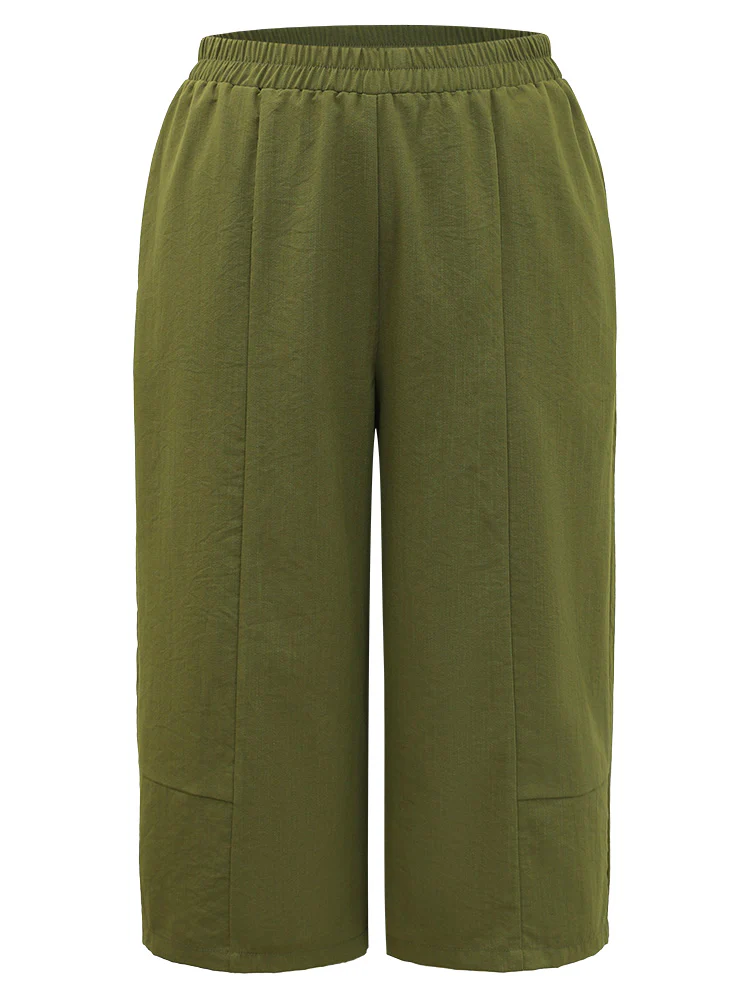 Plain Cropped Pocket Elastic Waist Woven Pants - Image 7
