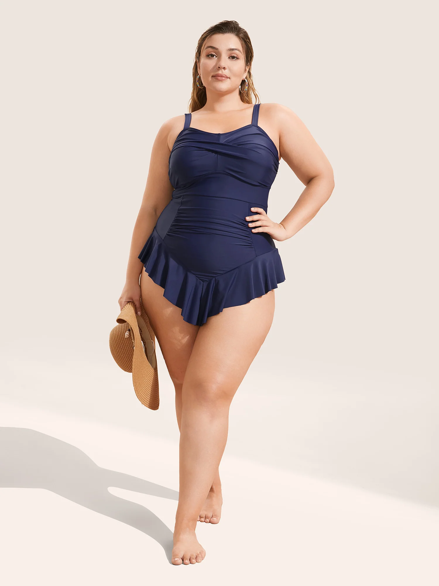 Plain Crossover Flutter Trim One Piece Swimsuit - Image 4