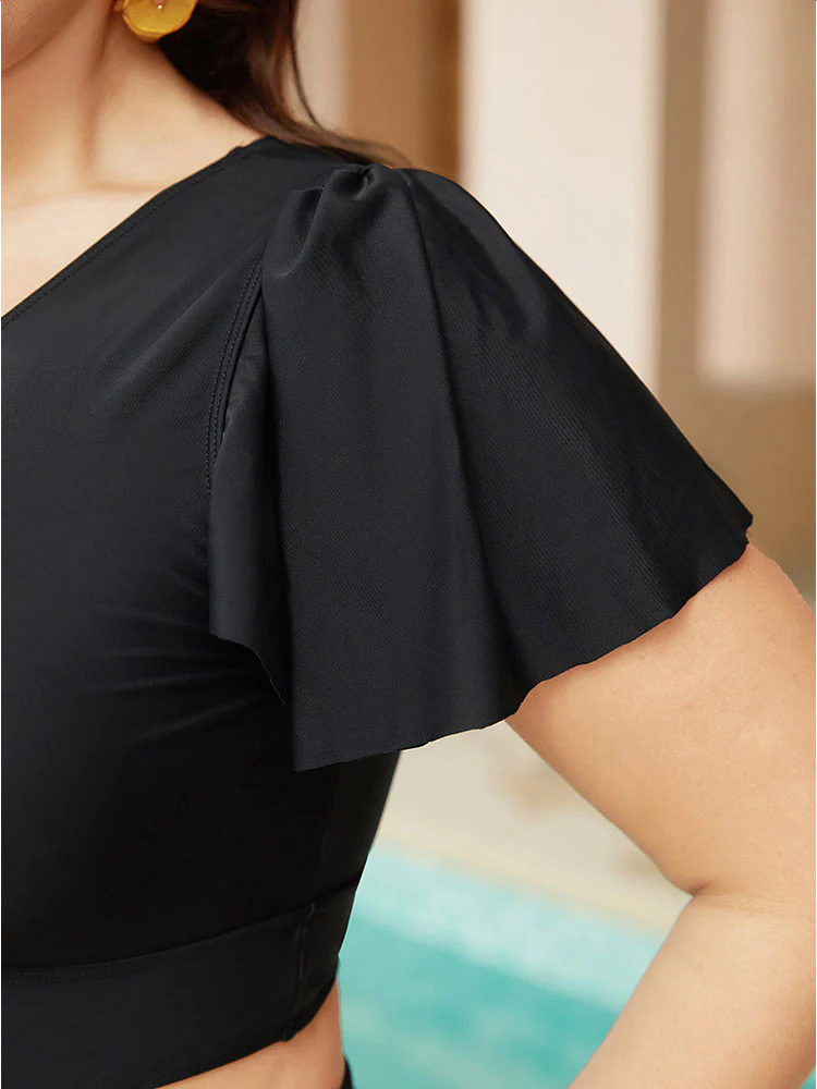 Plain Cut Out Knotted Front Ruffle Sleeve Bikini Top - Image 9