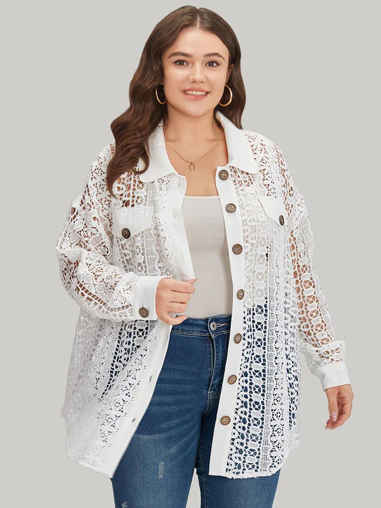 Plain Cut Out Lace Patchwork Button Through Jacket - Image 2