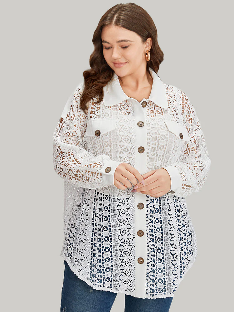 Plain Cut Out Lace Patchwork Button Through Jacket - Image 3