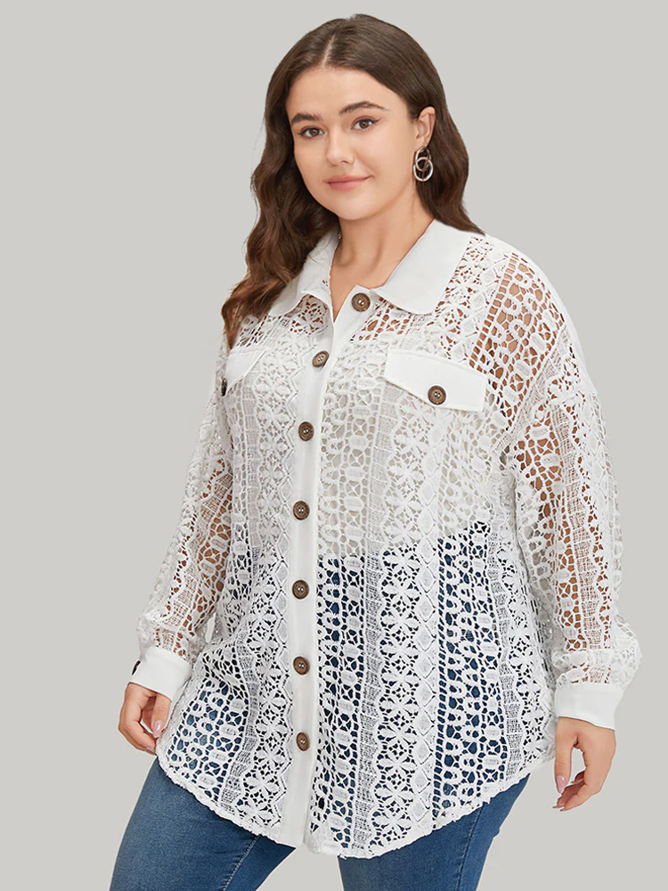 Plain Cut Out Lace Patchwork Button Through Jacket - Image 4
