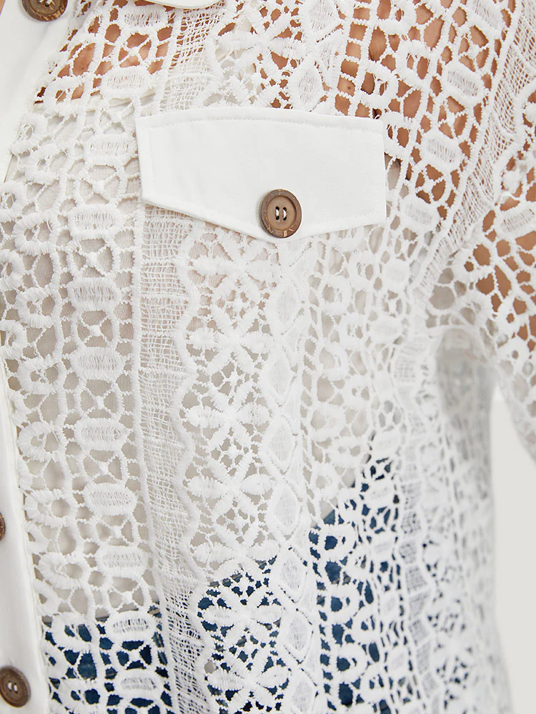 Plain Cut Out Lace Patchwork Button Through Jacket - Image 8