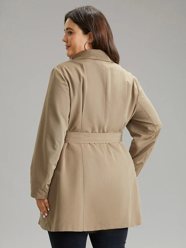 Plain Double Breasted Belted Lapel Collar Coat - Image 2