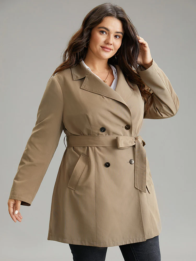 Plain Double Breasted Belted Lapel Collar Coat - Image 3