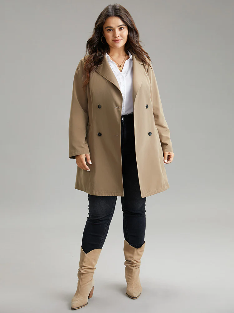 Plain Double Breasted Belted Lapel Collar Coat - Image 4
