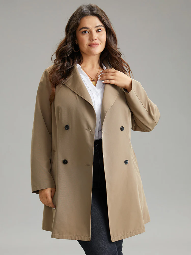 Plain Double Breasted Belted Lapel Collar Coat - Image 5