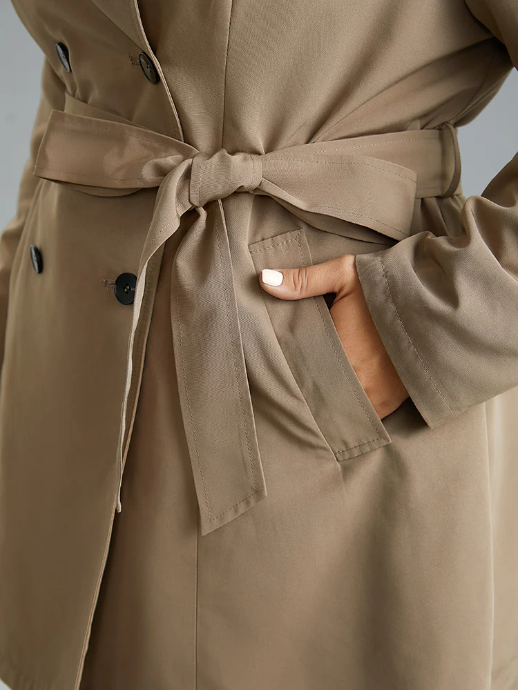 Plain Double Breasted Belted Lapel Collar Coat - Image 6