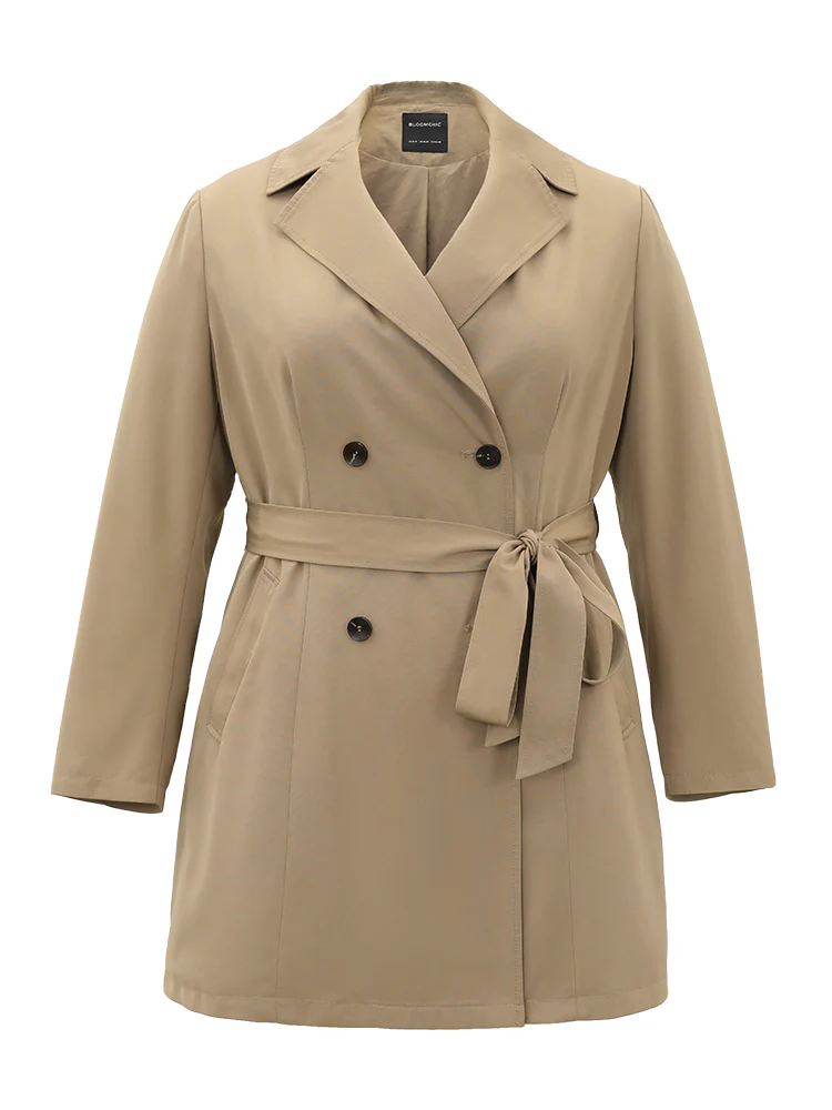 Plain Double Breasted Belted Lapel Collar Coat - Image 7