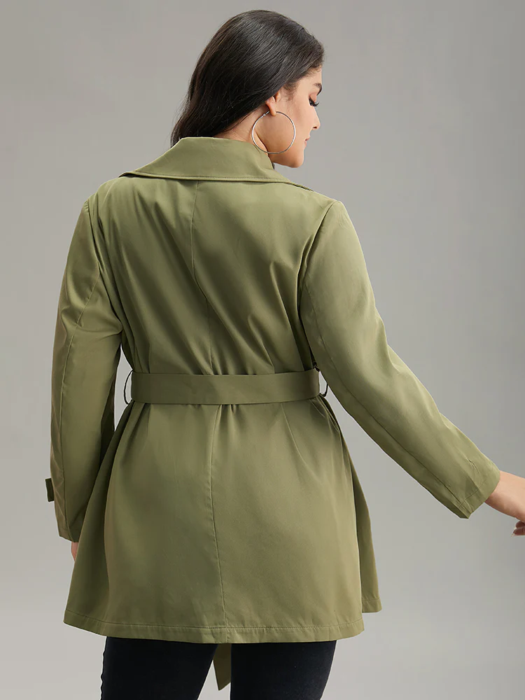 Plain Double Breasted Belted Pocket Windbreaker - Image 2