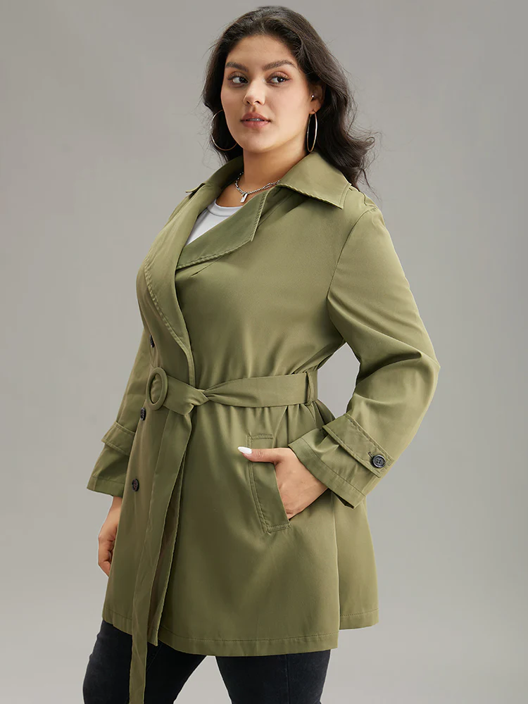 Plain Double Breasted Belted Pocket Windbreaker - Image 3