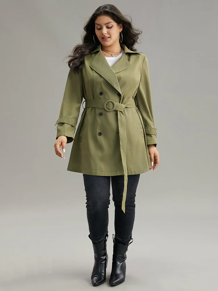 Plain Double Breasted Belted Pocket Windbreaker - Image 4