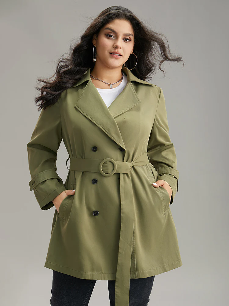 Plain Double Breasted Belted Pocket Windbreaker - Image 5