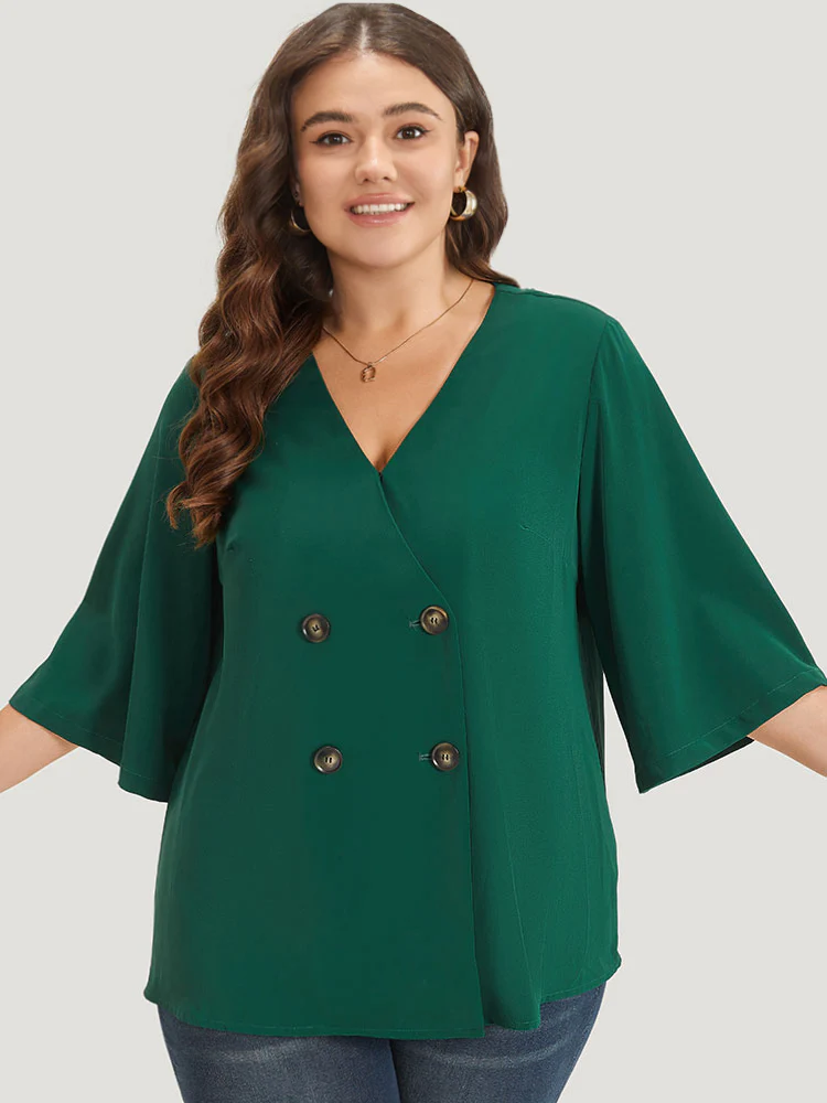 Plain Double Breasted Surplice Neck Flounce Sleeve Blouse - Image 2
