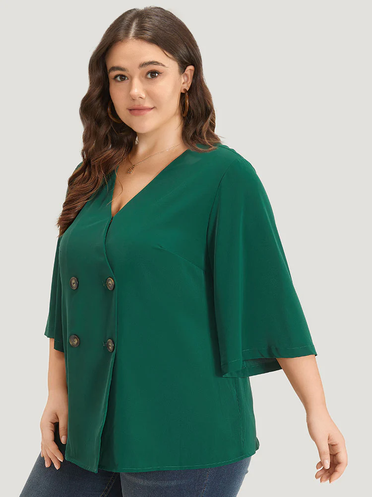 Plain Double Breasted Surplice Neck Flounce Sleeve Blouse - Image 3