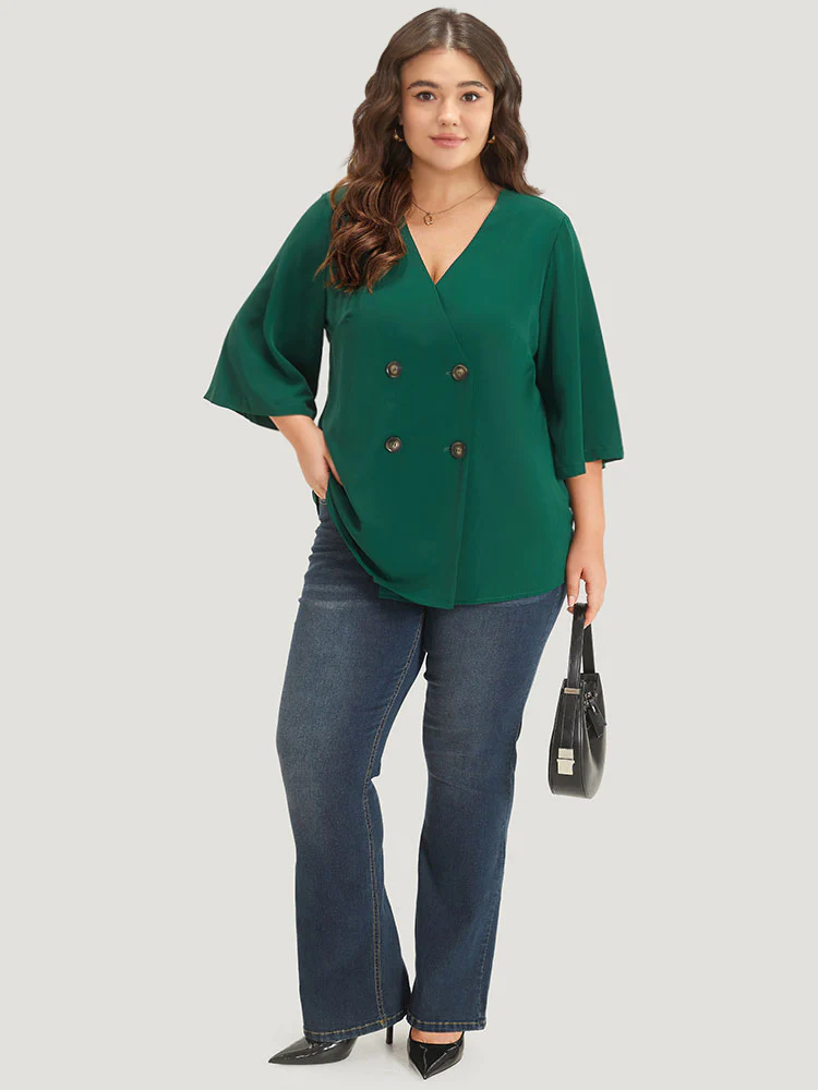 Plain Double Breasted Surplice Neck Flounce Sleeve Blouse - Image 4
