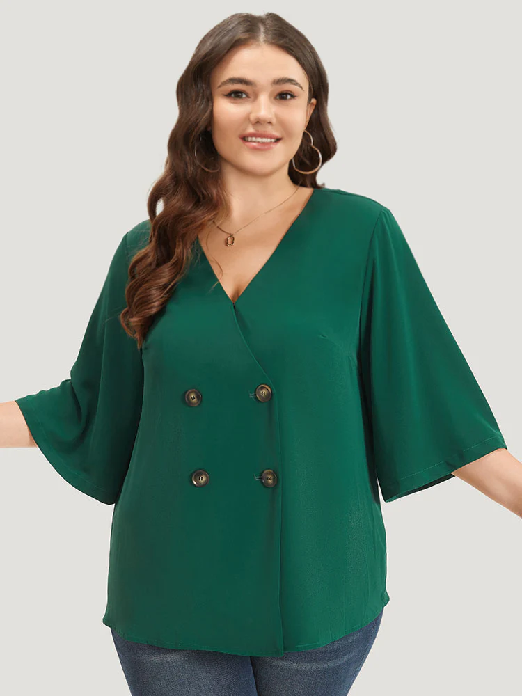 Plain Double Breasted Surplice Neck Flounce Sleeve Blouse - Image 5