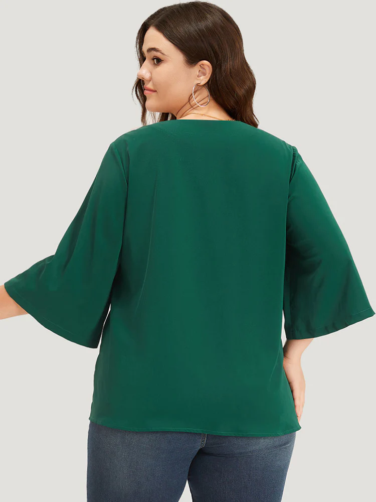 Plain Double Breasted Surplice Neck Flounce Sleeve Blouse - Image 6
