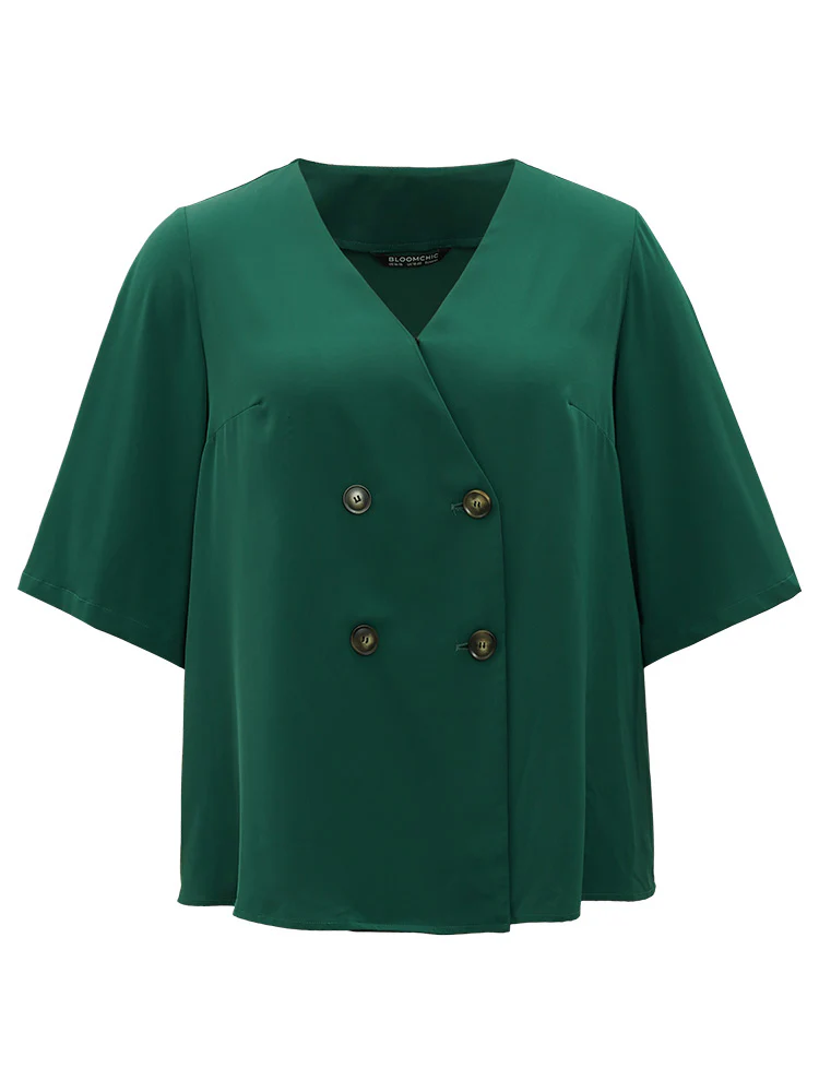 Plain Double Breasted Surplice Neck Flounce Sleeve Blouse - Image 9