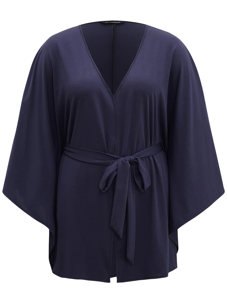 Plain Drape Surplice Neck Belted Kimono - Image 10