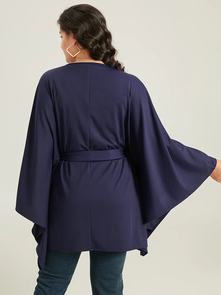 Plain Drape Surplice Neck Belted Kimono - Image 2