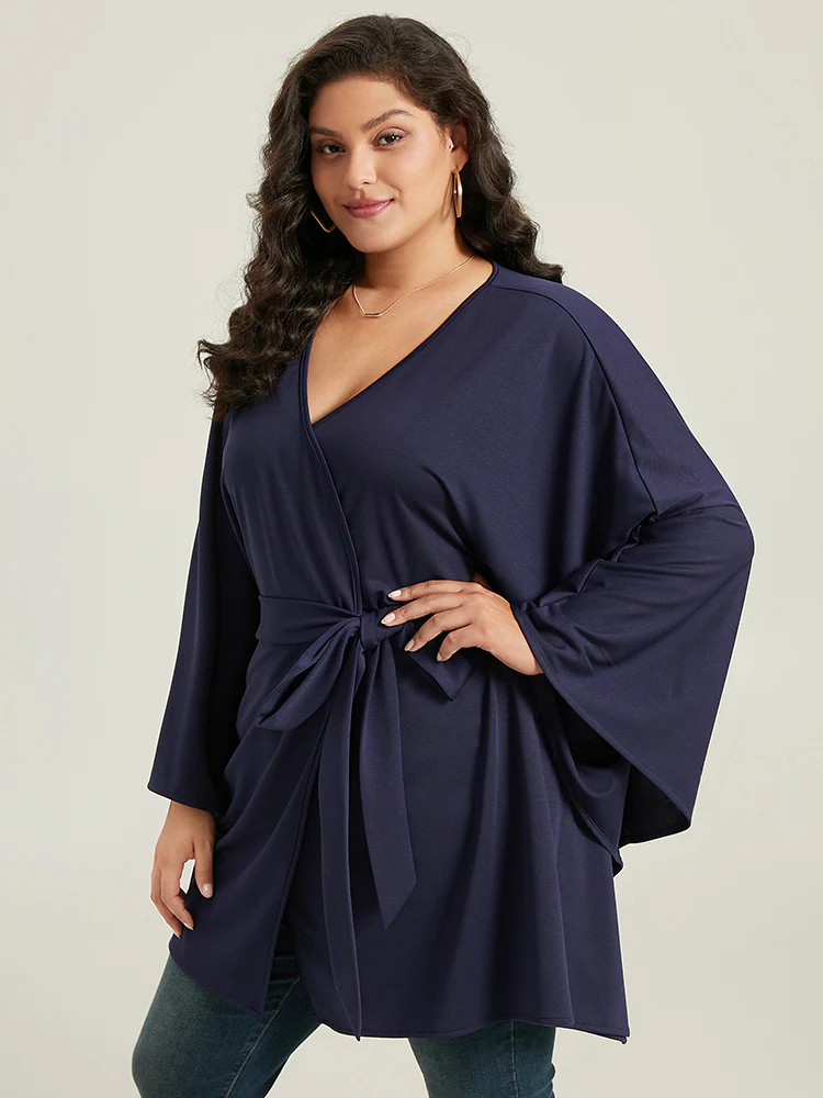 Plain Drape Surplice Neck Belted Kimono - Image 3