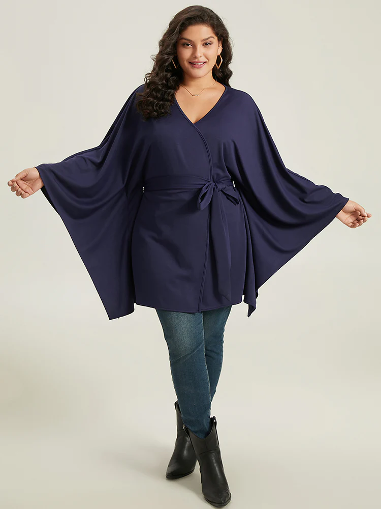 Plain Drape Surplice Neck Belted Kimono - Image 4