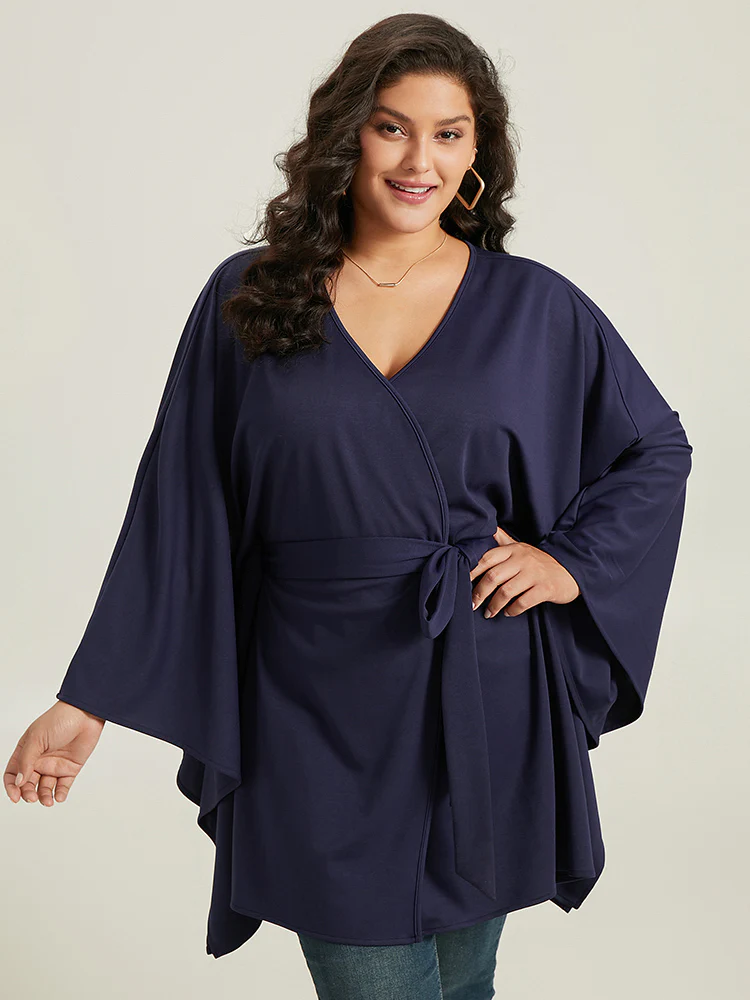 Plain Drape Surplice Neck Belted Kimono - Image 5