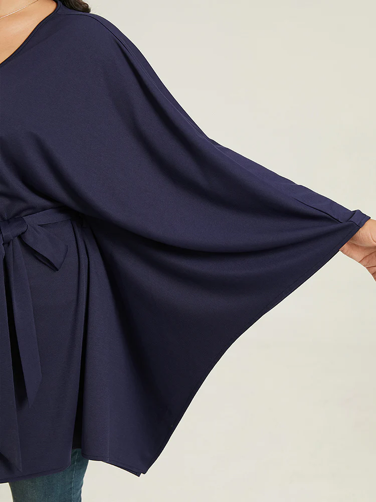Plain Drape Surplice Neck Belted Kimono - Image 8
