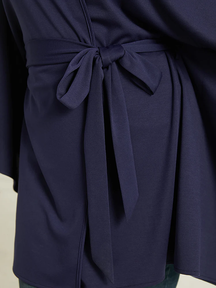 Plain Drape Surplice Neck Belted Kimono - Image 9