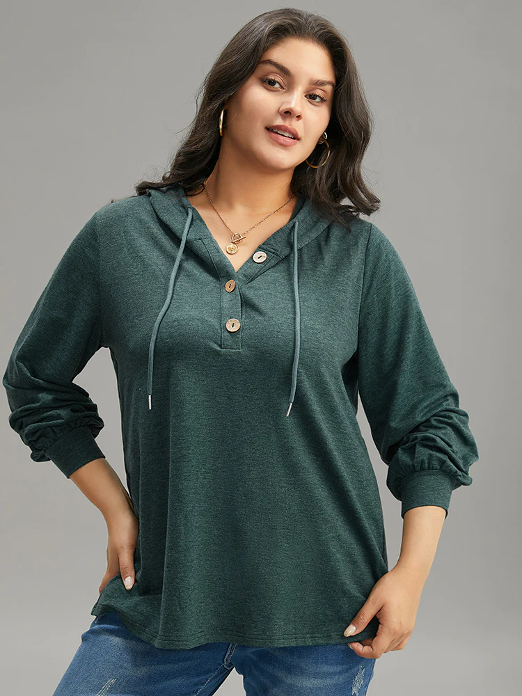 Plain Drawstring Button Up Hooded Elastic Cuffs Sweatshirt - Image 10