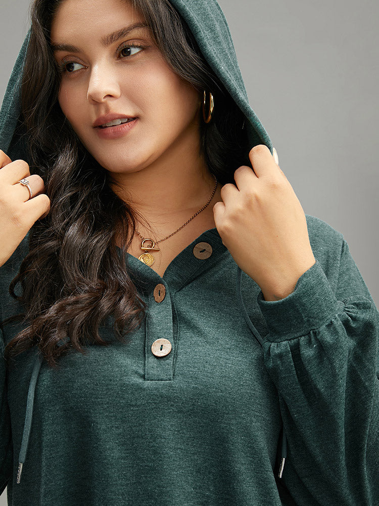 Plain Drawstring Button Up Hooded Elastic Cuffs Sweatshirt - Image 11